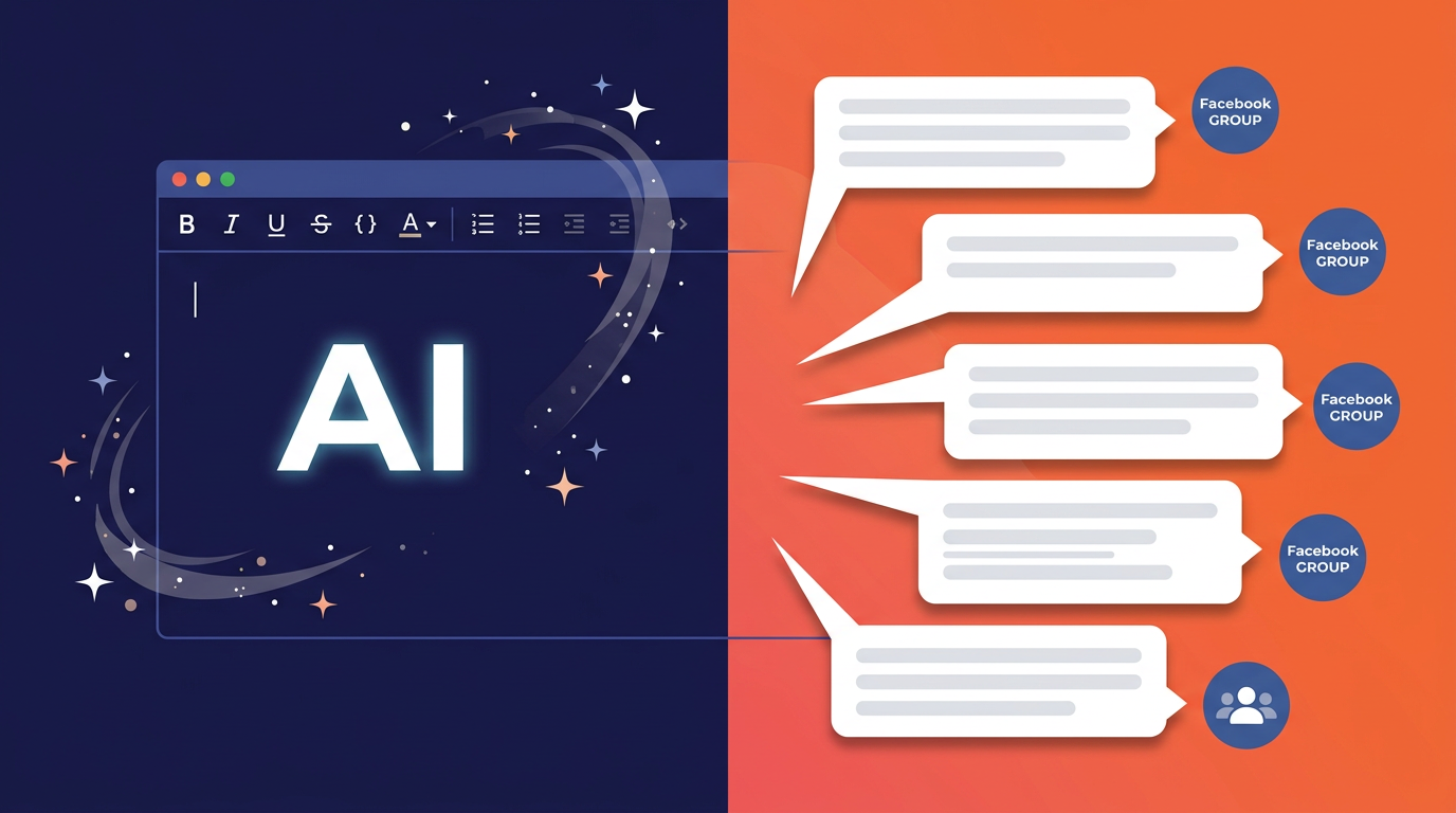 Split image showing an AI text editor on the left and multiple unique Facebook group posts being generated on the right