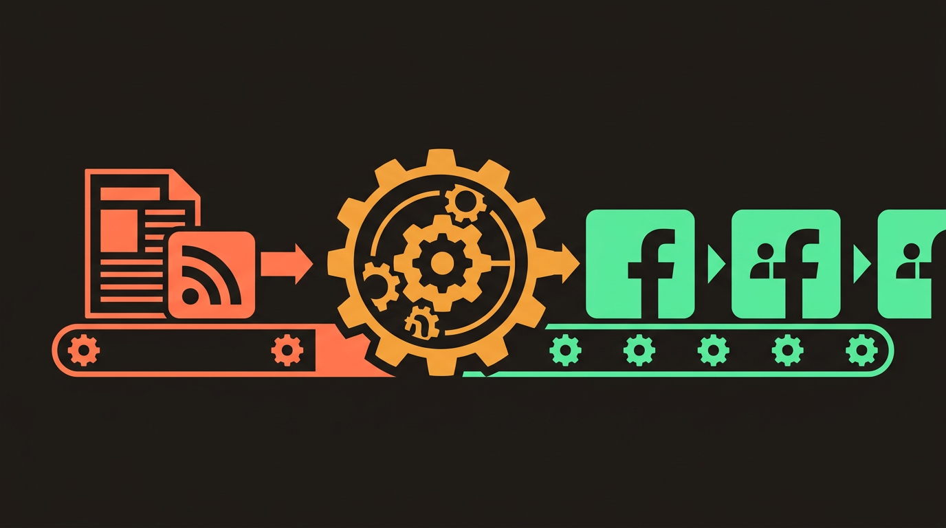 Pipeline diagram showing an RSS feed document flowing through an automation gear into multiple Facebook group icons