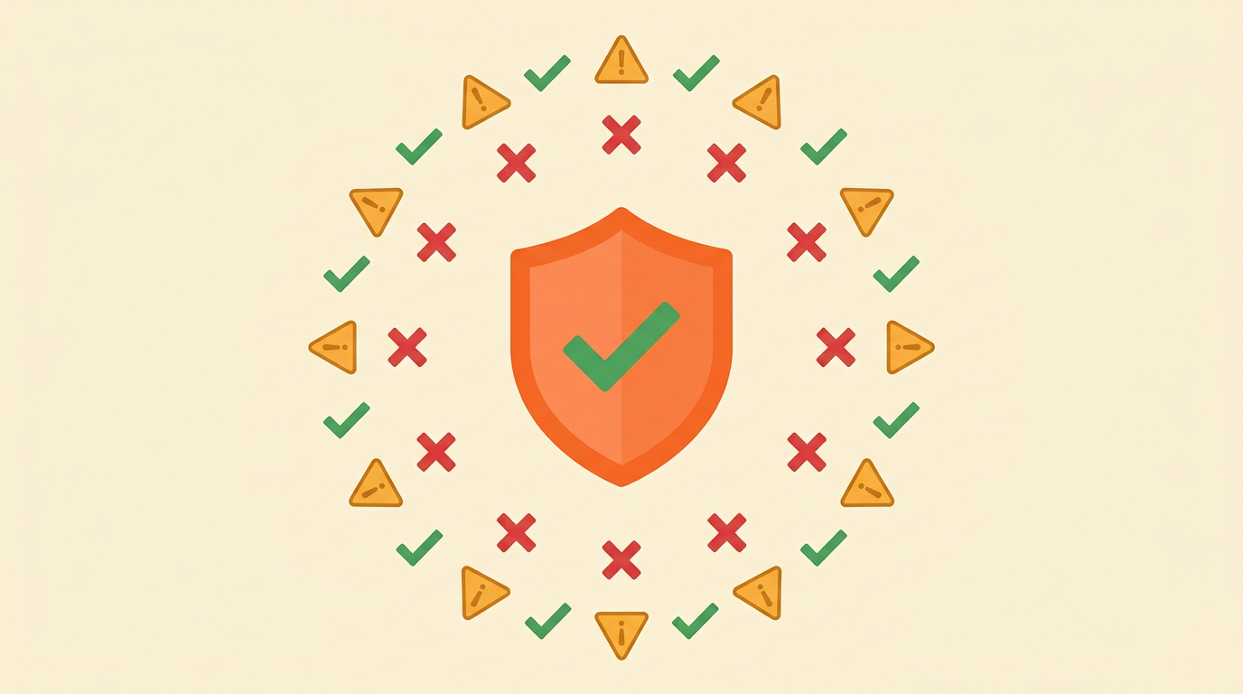 A protective shield with a checkmark surrounded by rule symbols showing what's allowed and what's banned