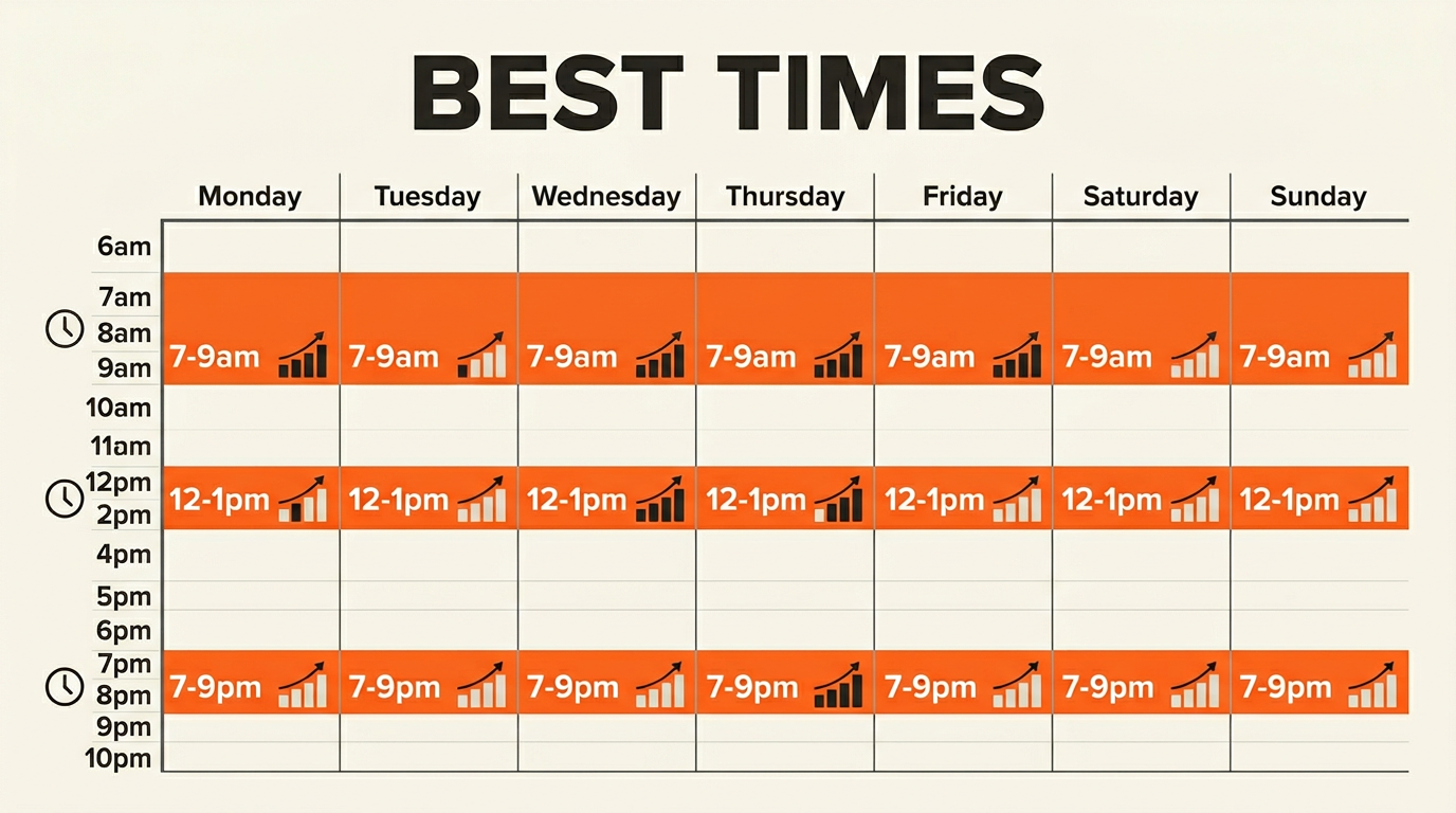 Weekly calendar showing highlighted best posting times: 7-9am, 12-1pm, and 7-9pm with engagement bar charts