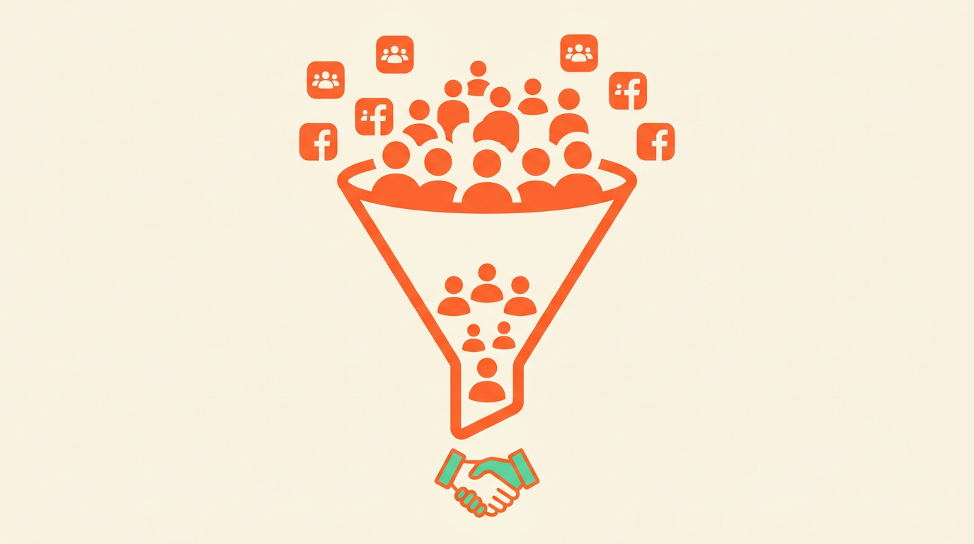 Funnel diagram showing Facebook group members narrowing into connected clients via a handshake