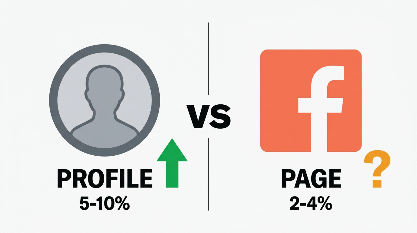 VS comparison of personal profile icon showing 5-10% reach versus Facebook Page icon showing 2-4% reach