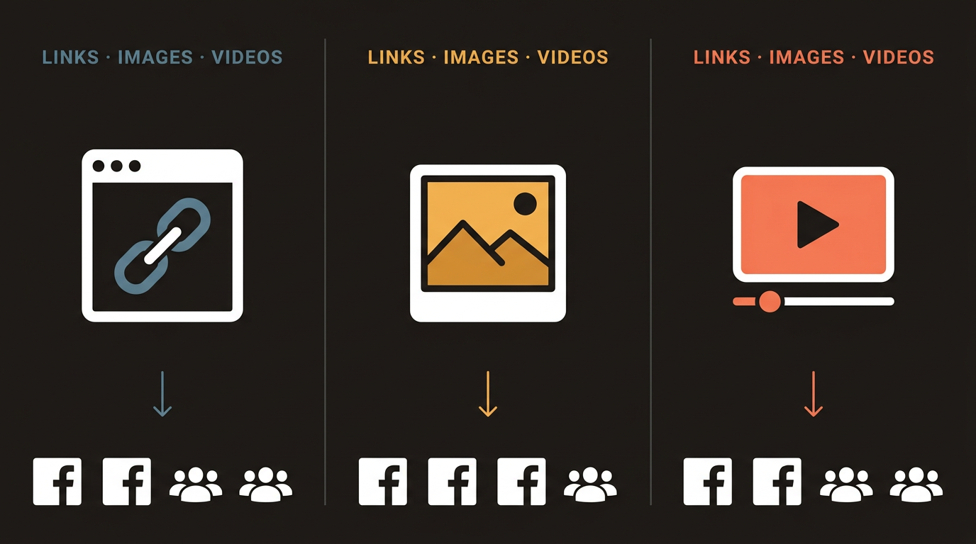 Three columns showing link, image, and video icons each pointing down to multiple Facebook group icons