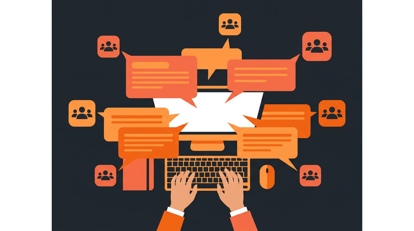 Overhead view of hands at a keyboard with post bubbles radiating to multiple Facebook group icons