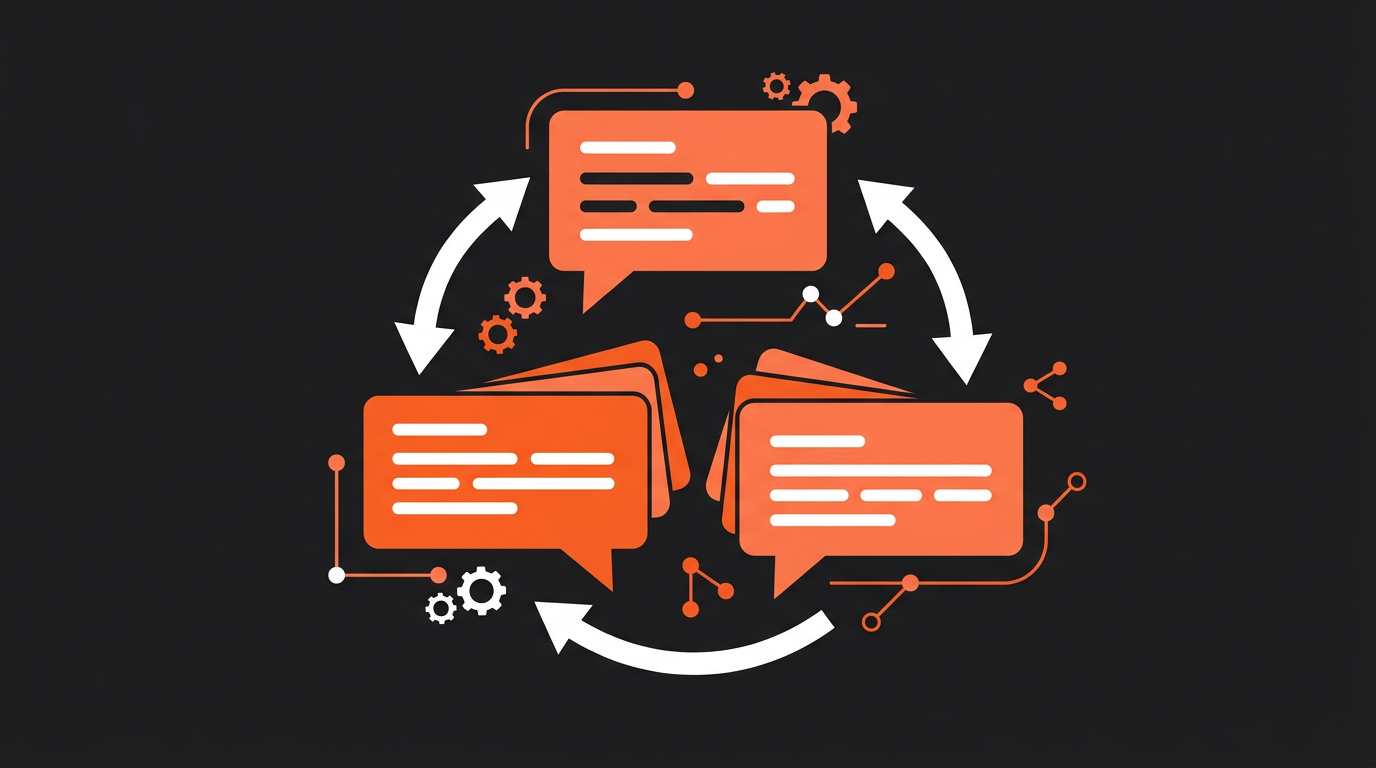 Three rotating message bubbles with circular arrows showing message variation and spinning