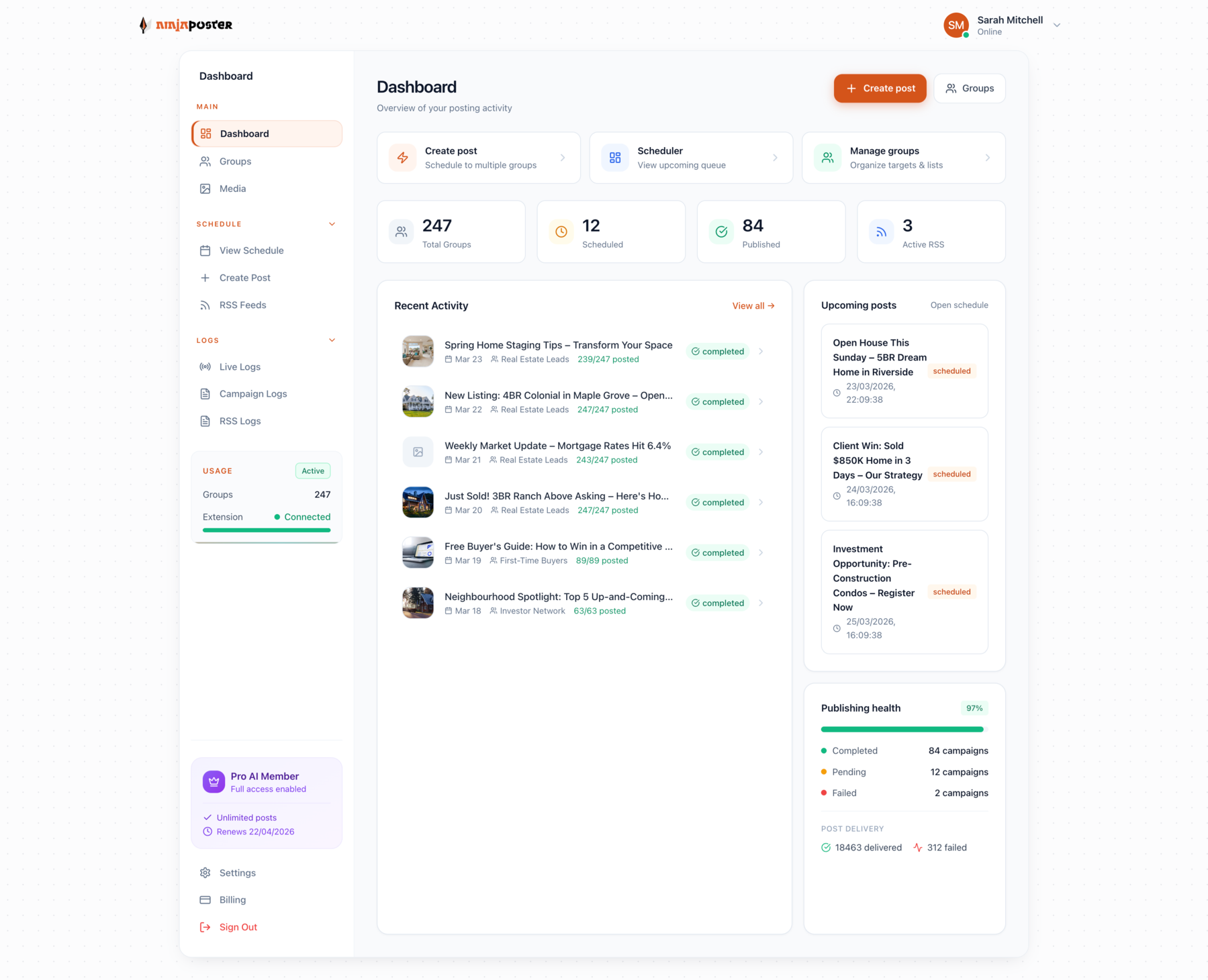 NinjaPoster dashboard showing auto-posting to Facebook groups